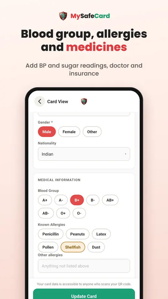Adding blood group and allergies in the app